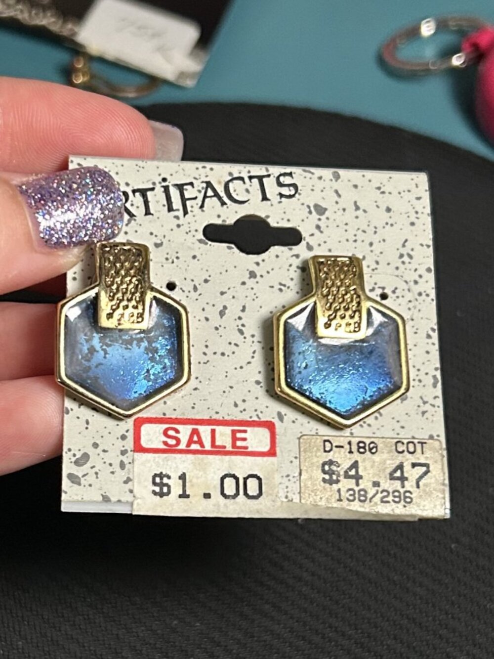 Vintage Artifacts Iridescent Blue Hexagon Geometric Post Earrings - NOS NIP